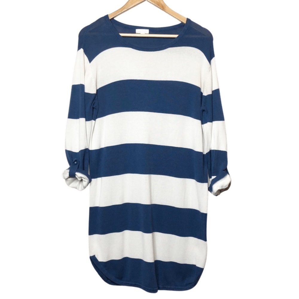 Charming Charlie Striped‎ Long Sleeve Sweater Dress Navy White Casual Tunic